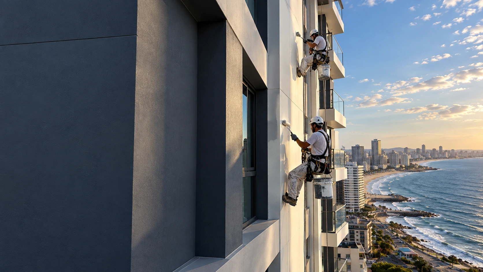Profesionales trabajando en altura sobre fachada vidriada